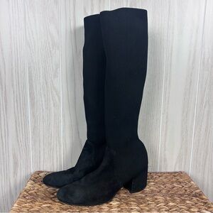 Eileen Fisher Black Suede Knee-High Knit Heeled Boots, 7.5